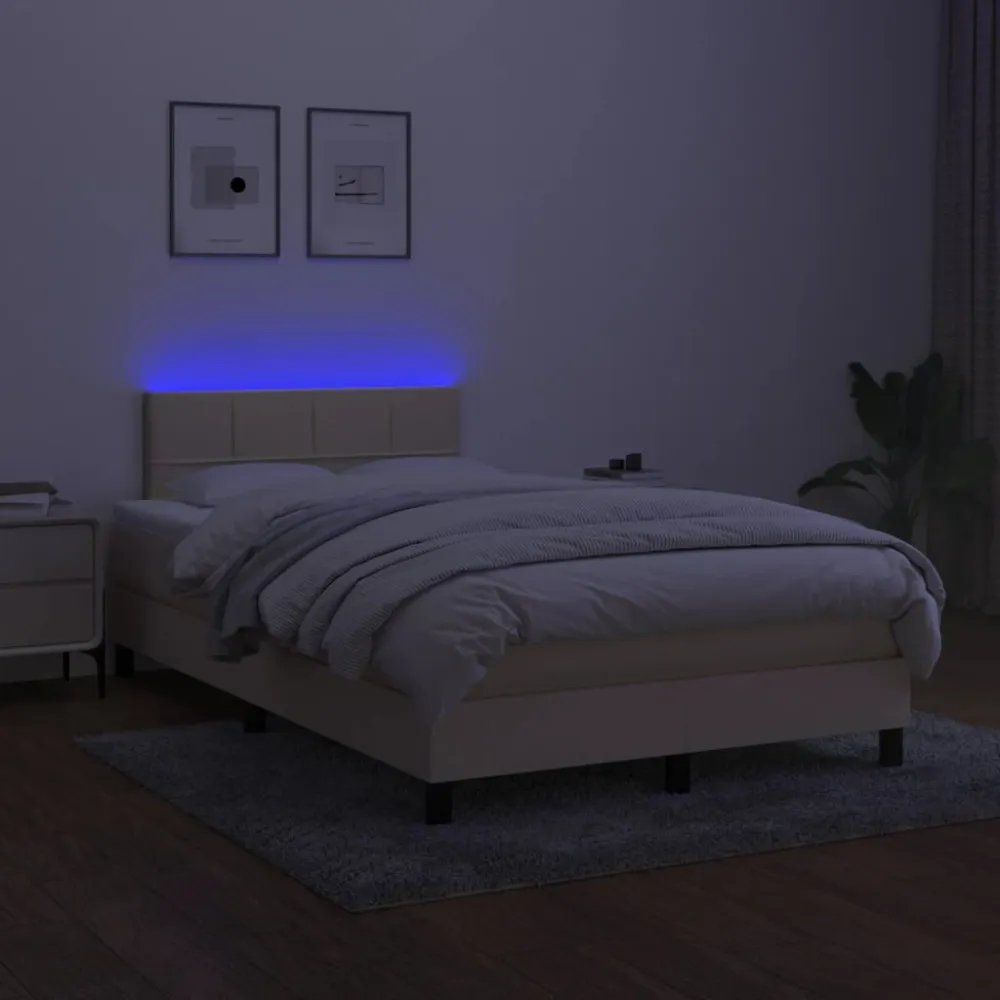 Cama box spring com colchão e LED 120x190 cm tecido cor creme