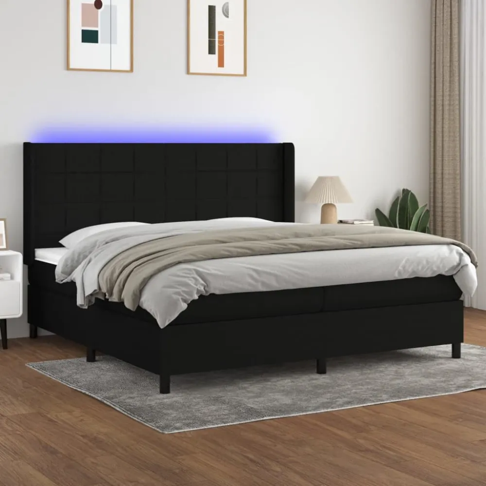 Cama box spring com colchão e LED 200x200 cm tecido preto