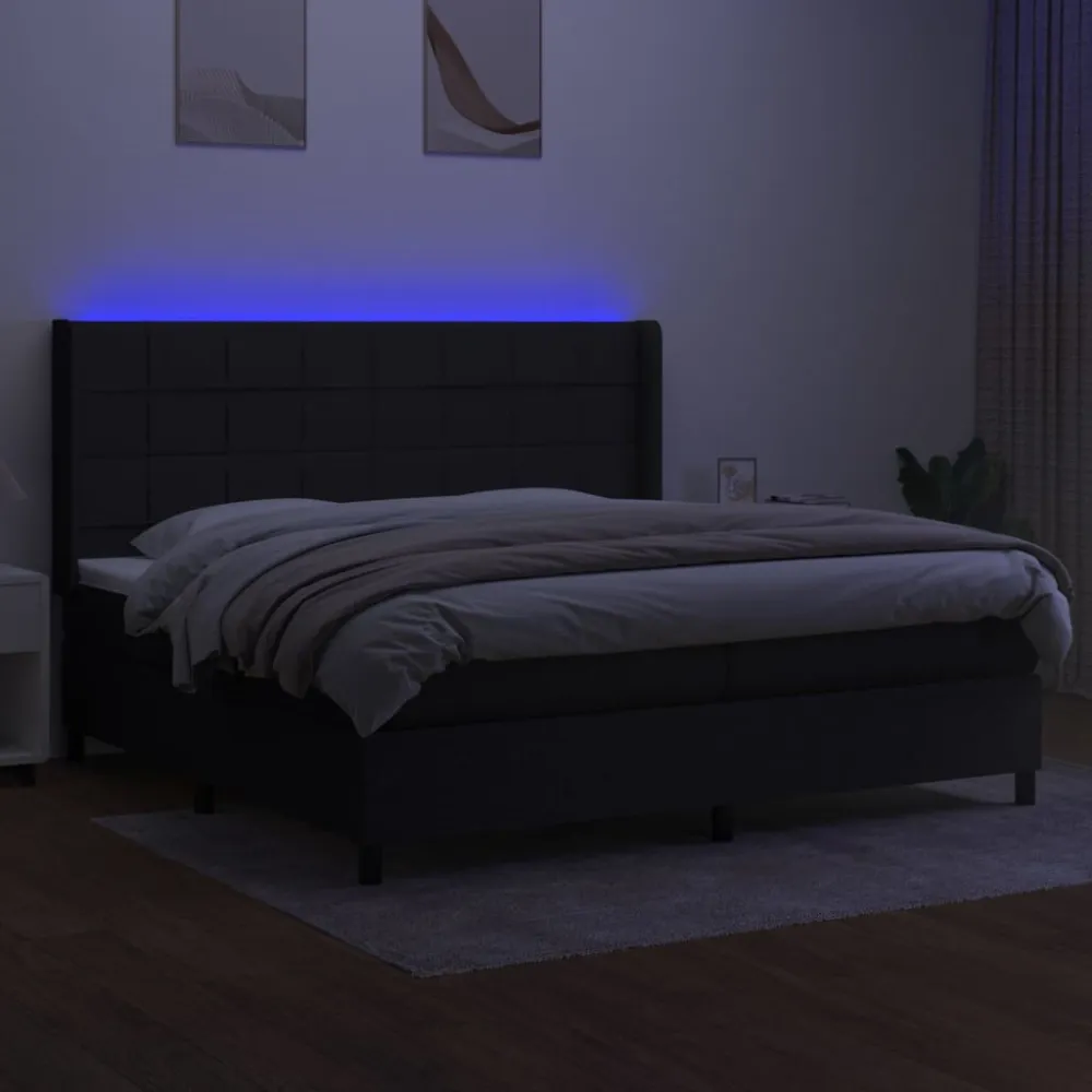 Cama box spring com colchão e LED 200x200 cm tecido preto