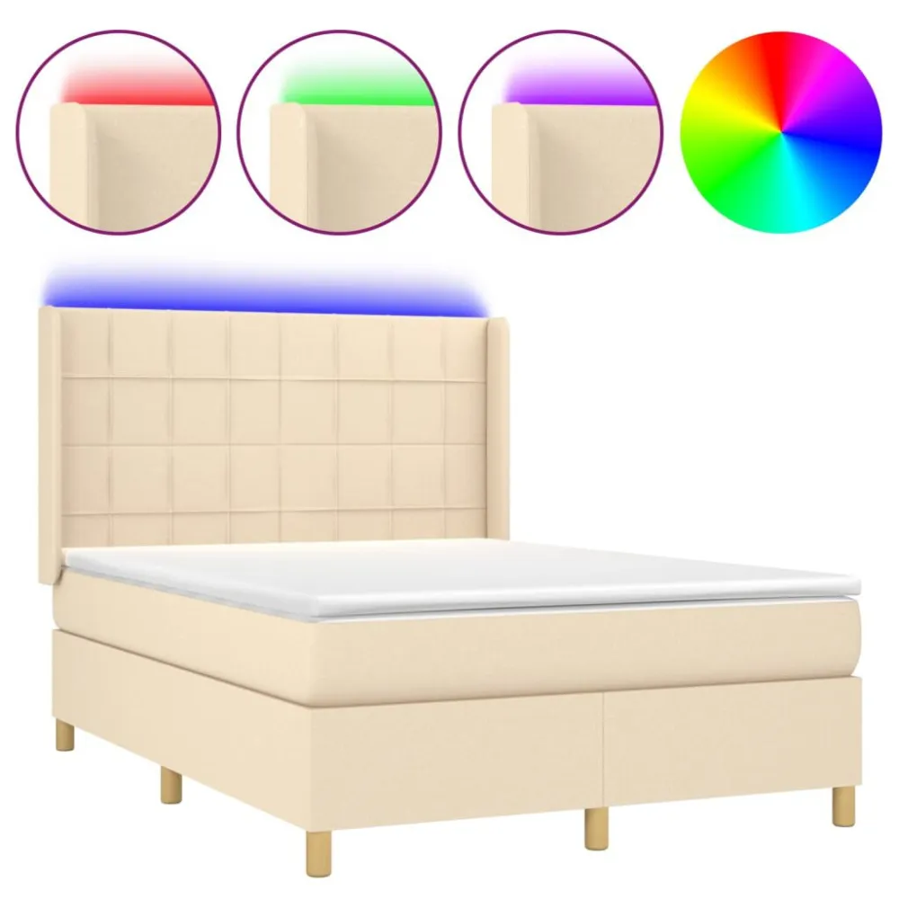 Cama box spring com colchão e LED 140x190 cm tecido cor creme