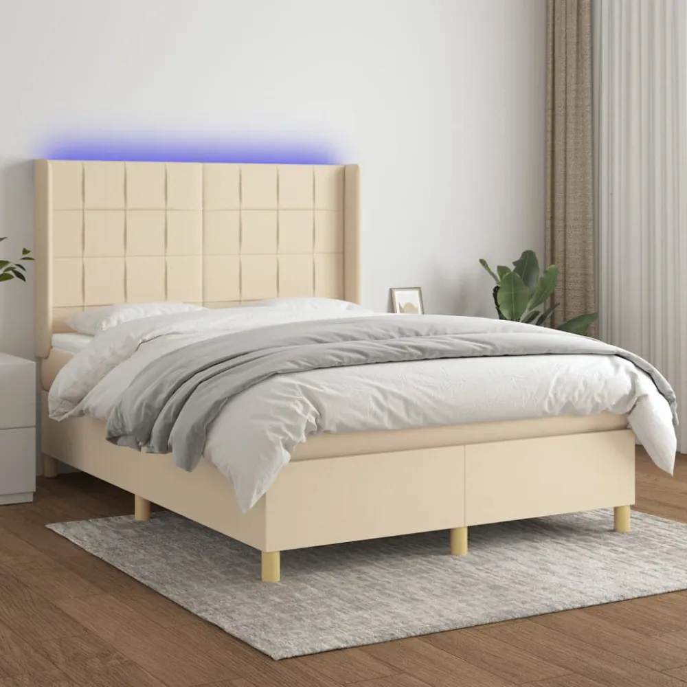 Cama box spring com colchão e LED 140x190 cm tecido cor creme
