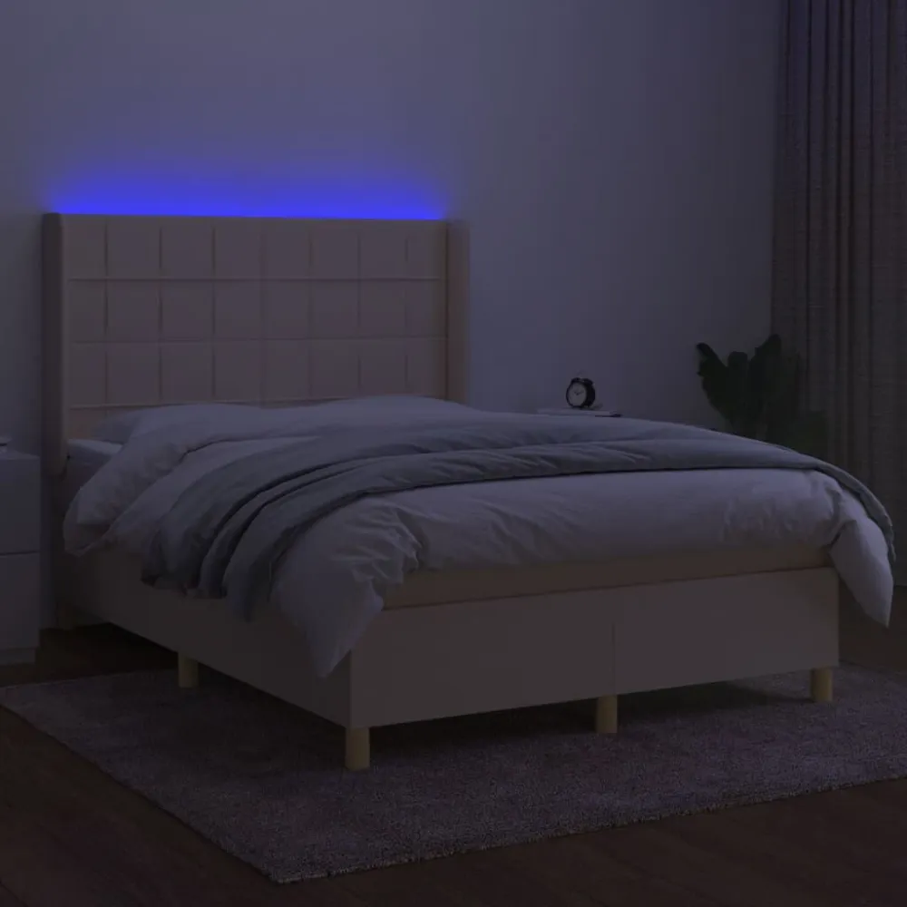 Cama box spring com colchão e LED 140x190 cm tecido cor creme