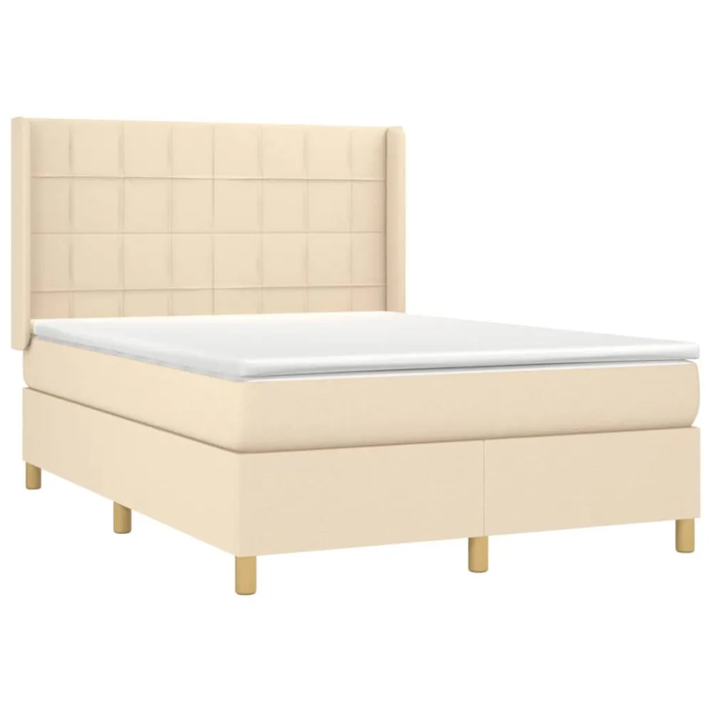 Cama box spring com colchão e LED 140x190 cm tecido cor creme