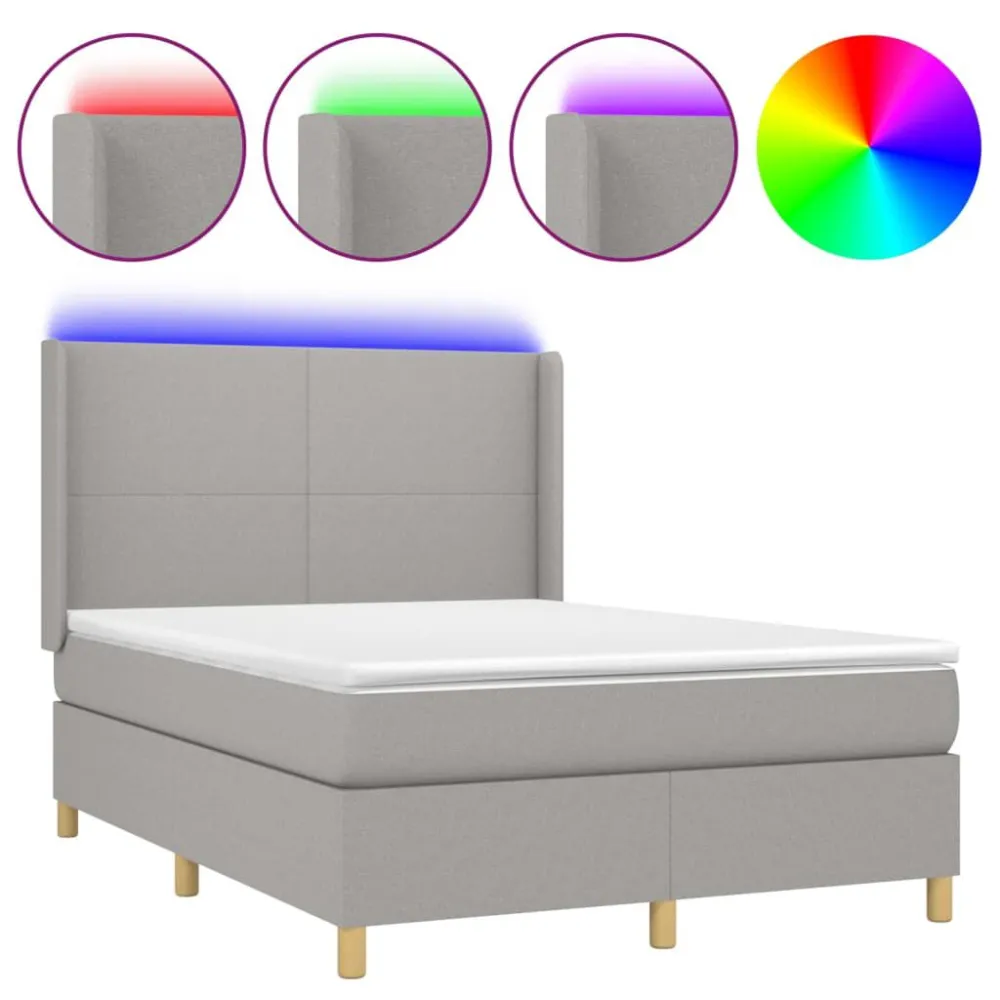 Cama box spring com colchão e LED 140x200 cm tecido cinza-claro
