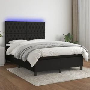 Cama box spring com colchão e LED 140x190 cm tecido preto