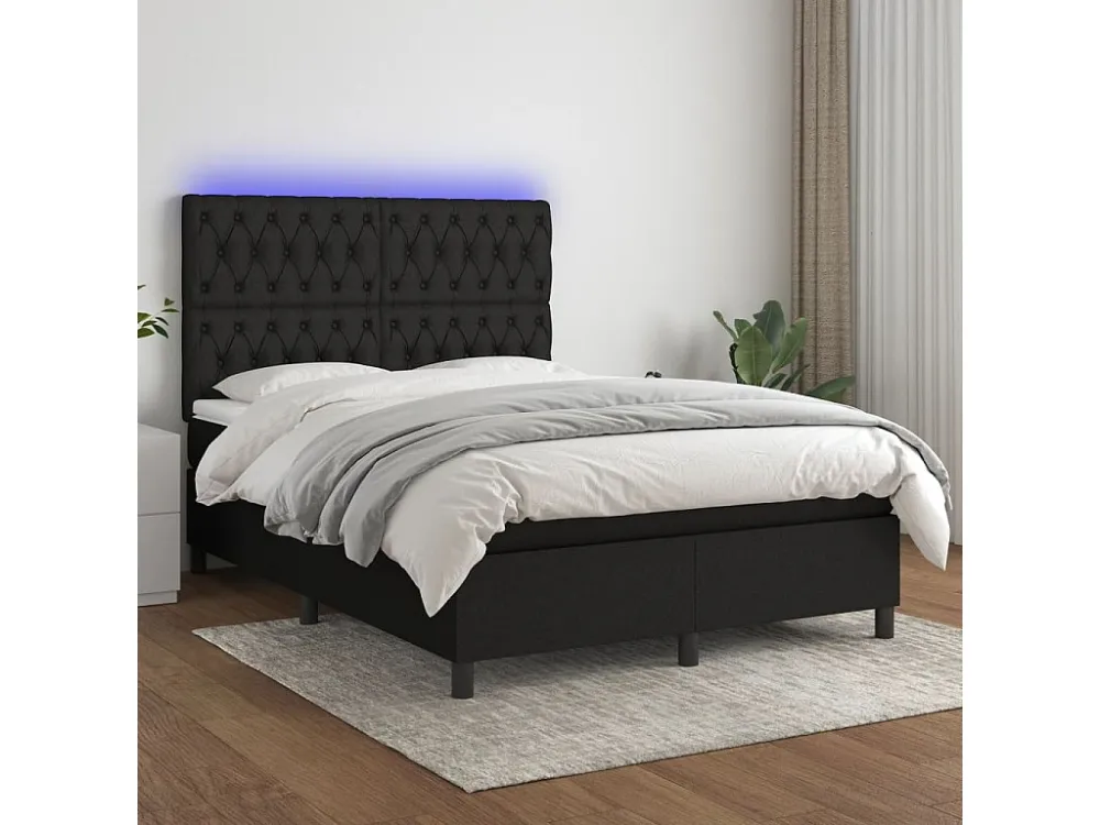 Cama box spring com colchão e LED 140x190 cm tecido preto