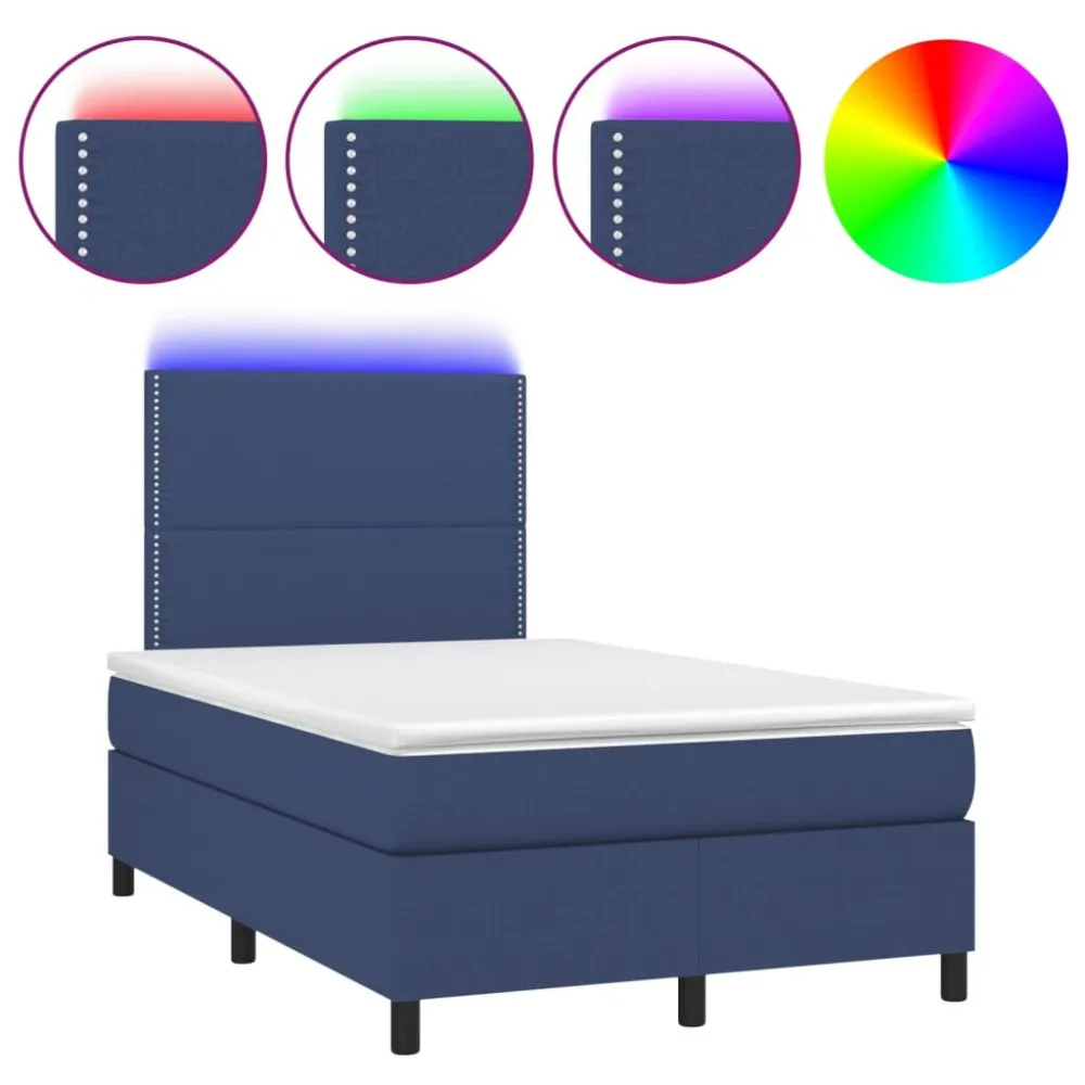 Cama box spring com colchão e LED 120x190 cm tecido azul