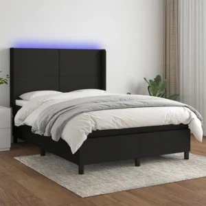 Cama box spring com colchão e LED 140x190 cm tecido preto