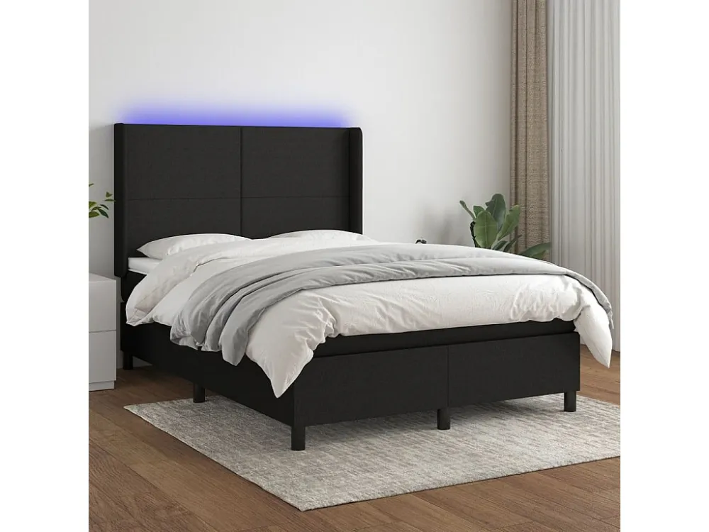 Cama box spring com colchão e LED 140x190 cm tecido preto