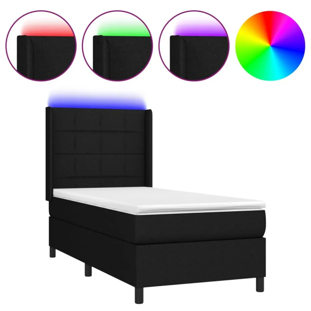 Cama box spring com colchão e LED 80x200 cm tecido preto