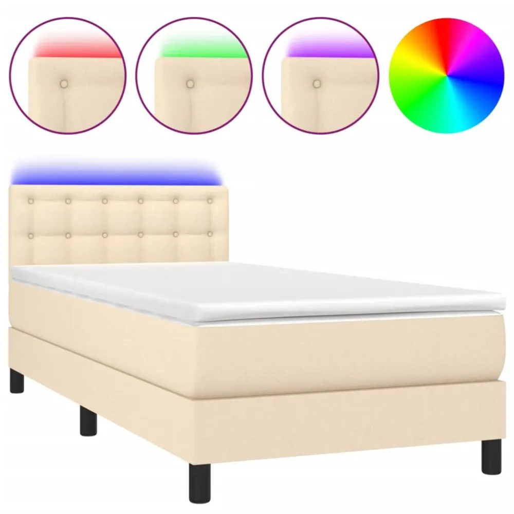 Cama box spring com colchão e LED 90x190 cm tecido cor creme