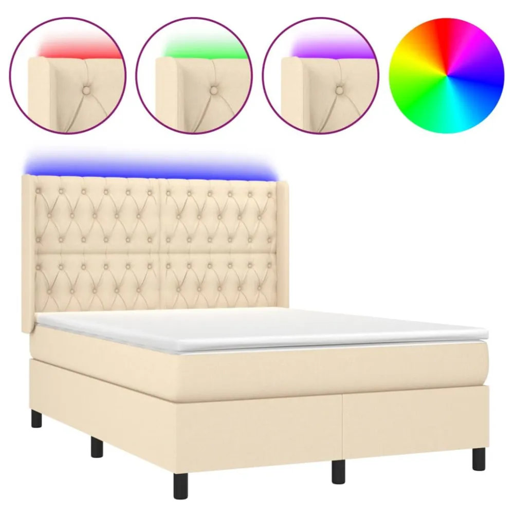 Cama box spring com colchão e LED 140x190 cm tecido cor creme