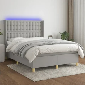 Cama box spring com colchão e LED 140x190 cm tecido cinza-claro