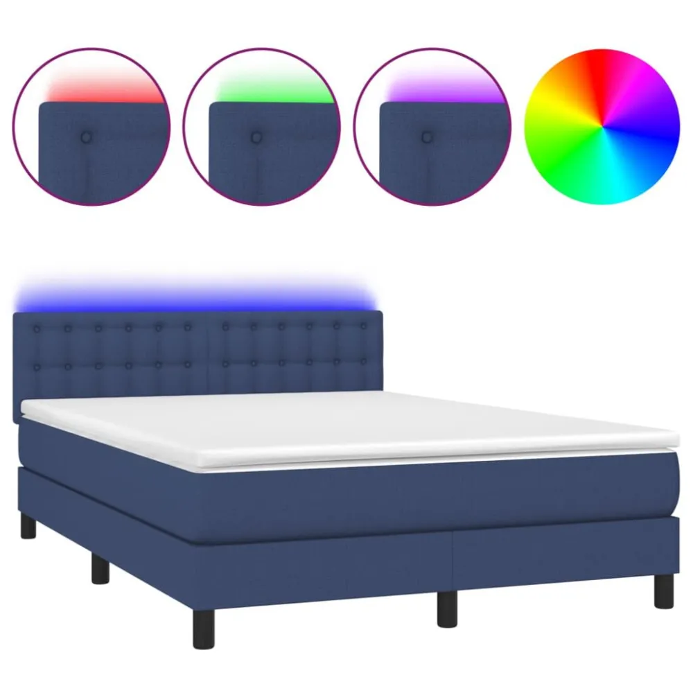 Cama box spring com colchão e LED 140x190 cm tecido azul