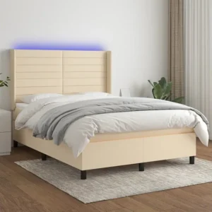 Cama box spring com colchão e LED 140x190 cm tecido cor creme