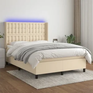 Cama box spring com colchão e LED 140x190 cm tecido cor creme