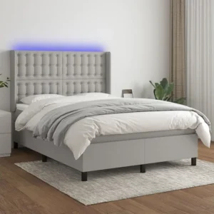 Cama box spring com colchão e LED 140x190 cm tecido cinza-claro