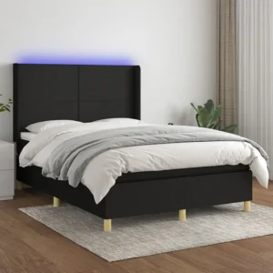 Cama box spring com colchão e LED 140x190 cm tecido preto
