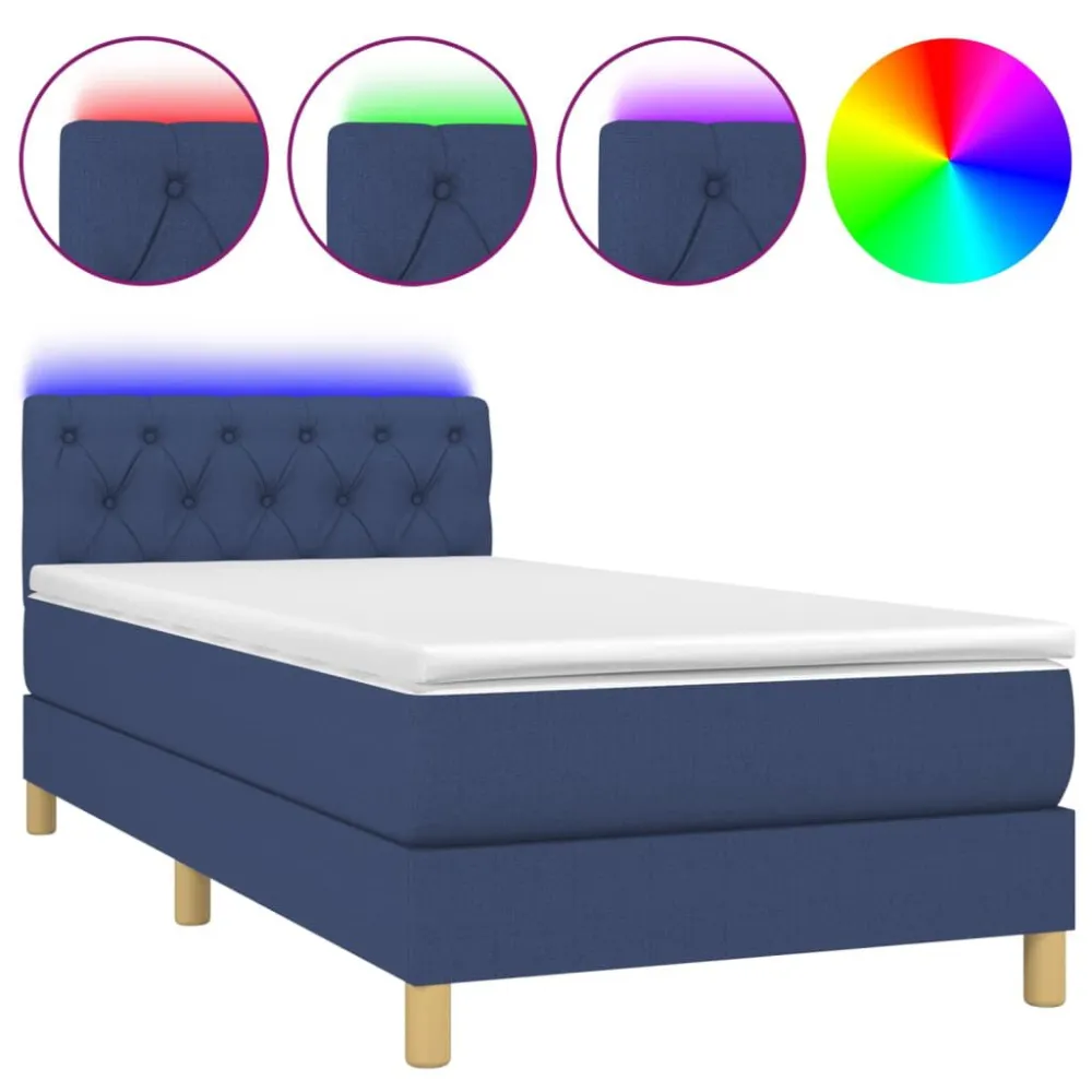 Cama box spring com colchão e LED 80x200 cm tecido azul