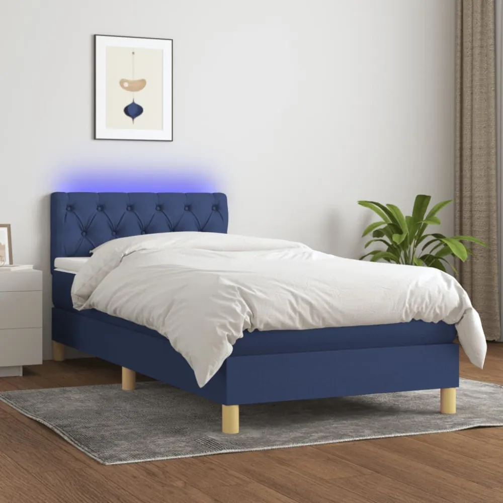 Cama box spring com colchão e LED 80x200 cm tecido azul