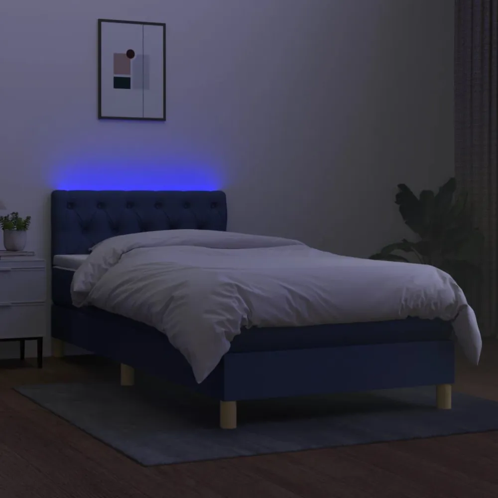 Cama box spring com colchão e LED 80x200 cm tecido azul