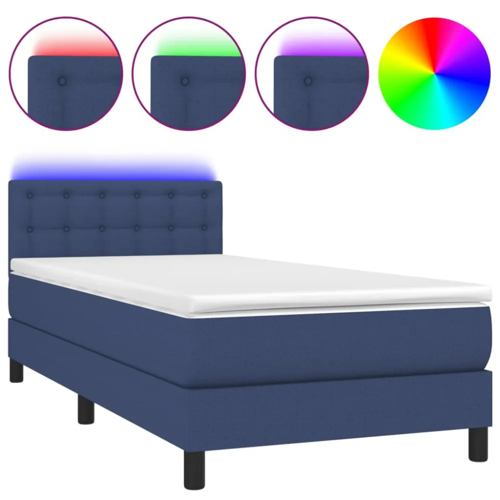 Cama box spring com colchão e LED 80x200 cm tecido azul