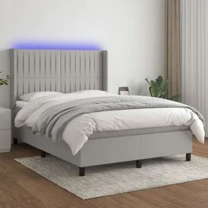 Cama box spring com colchão e LED 140x190 cm tecido cinza-claro