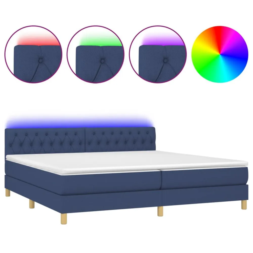 Cama box spring com colchão e LED 200x200 cm tecido azul