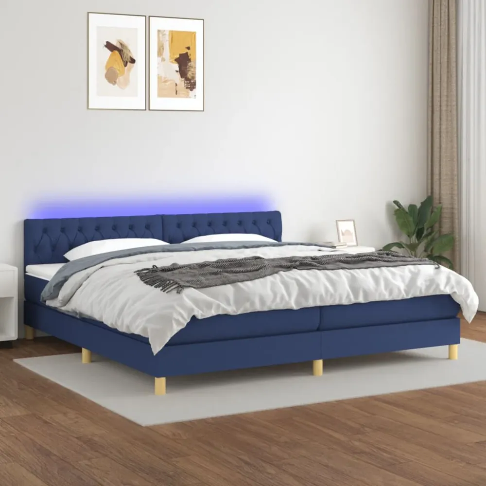 Cama box spring com colchão e LED 200x200 cm tecido azul