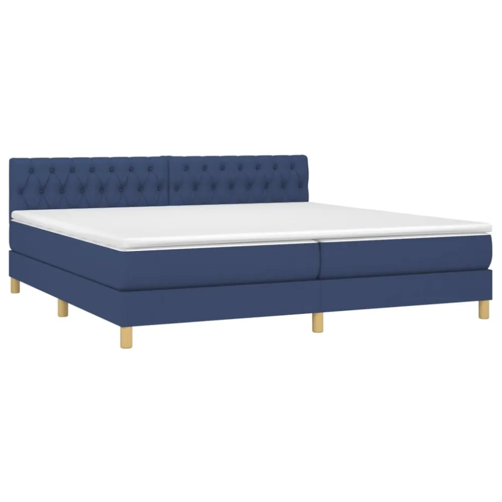 Cama box spring com colchão e LED 200x200 cm tecido azul
