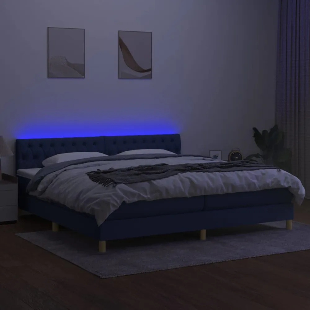 Cama box spring com colchão e LED 200x200 cm tecido azul