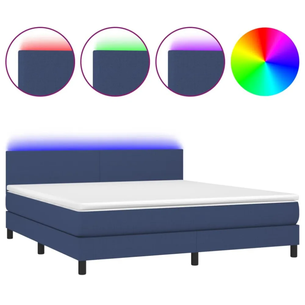 Cama box spring com colchão e LED 160x200 cm tecido azul