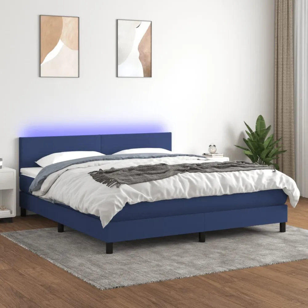 Cama box spring com colchão e LED 160x200 cm tecido azul
