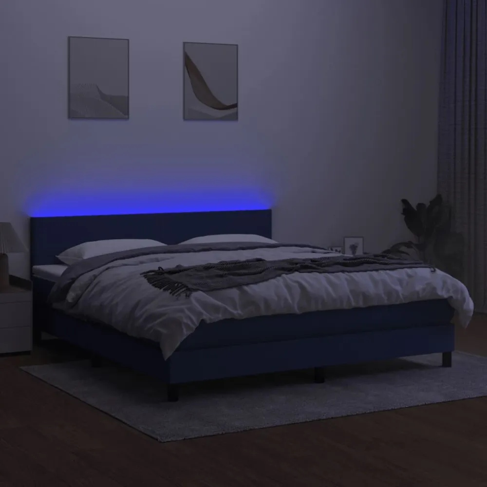Cama box spring com colchão e LED 160x200 cm tecido azul