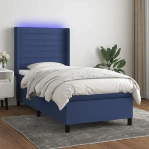 Cama box spring com colchão e LED 90x190 cm tecido azul