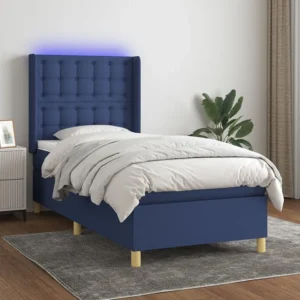 Cama box spring com colchão e LED 90x190 cm tecido azul