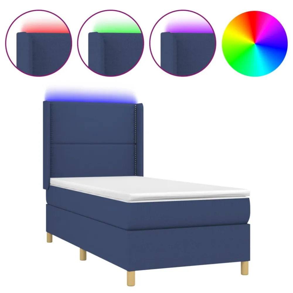 Cama box spring com colchão e LED 90x190 cm tecido azul
