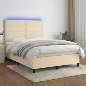 Cama box spring com colchão e LED 140x190 cm tecido cor creme