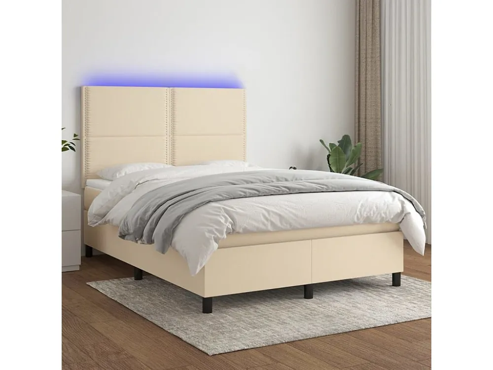 Cama box spring com colchão e LED 140x190 cm tecido cor creme