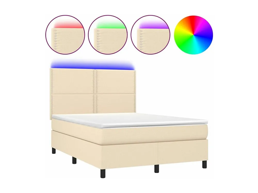 Cama box spring com colchão e LED 140x190 cm tecido cor creme