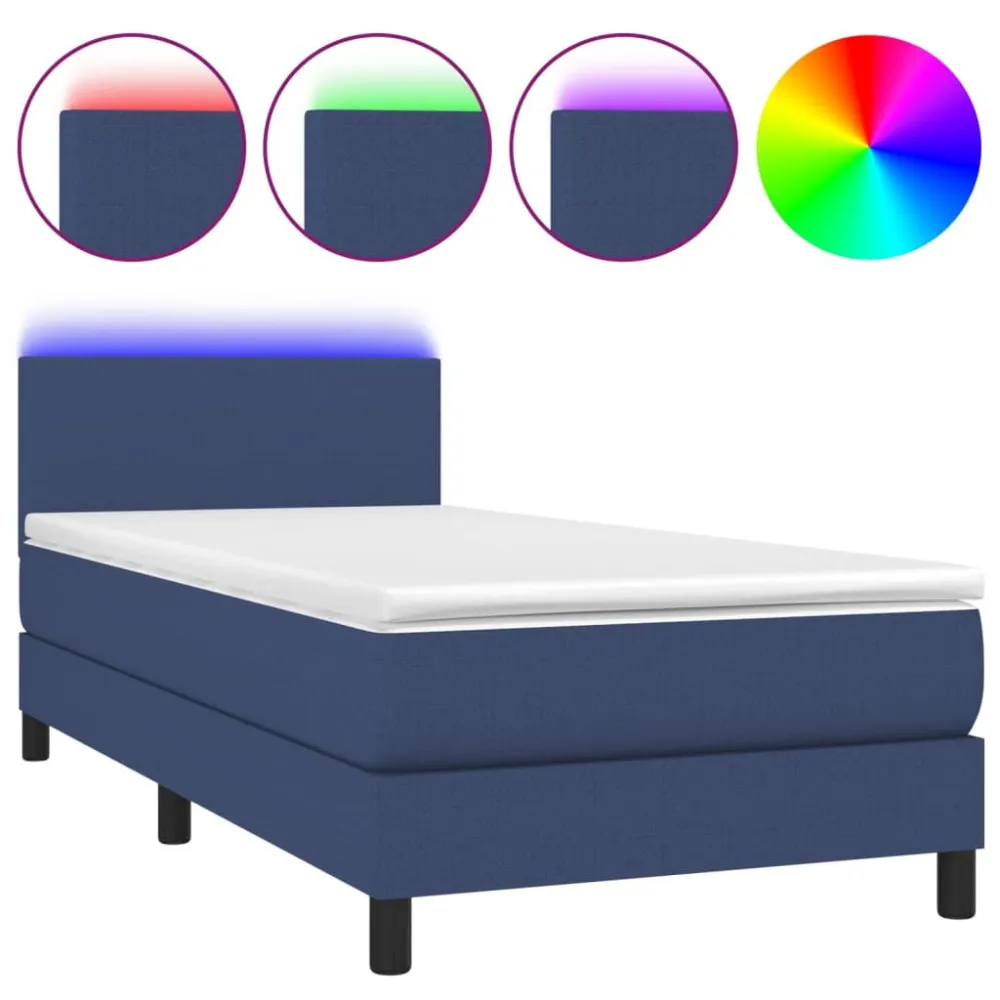 Cama box spring com colchão e LED 90x190 cm tecido azul