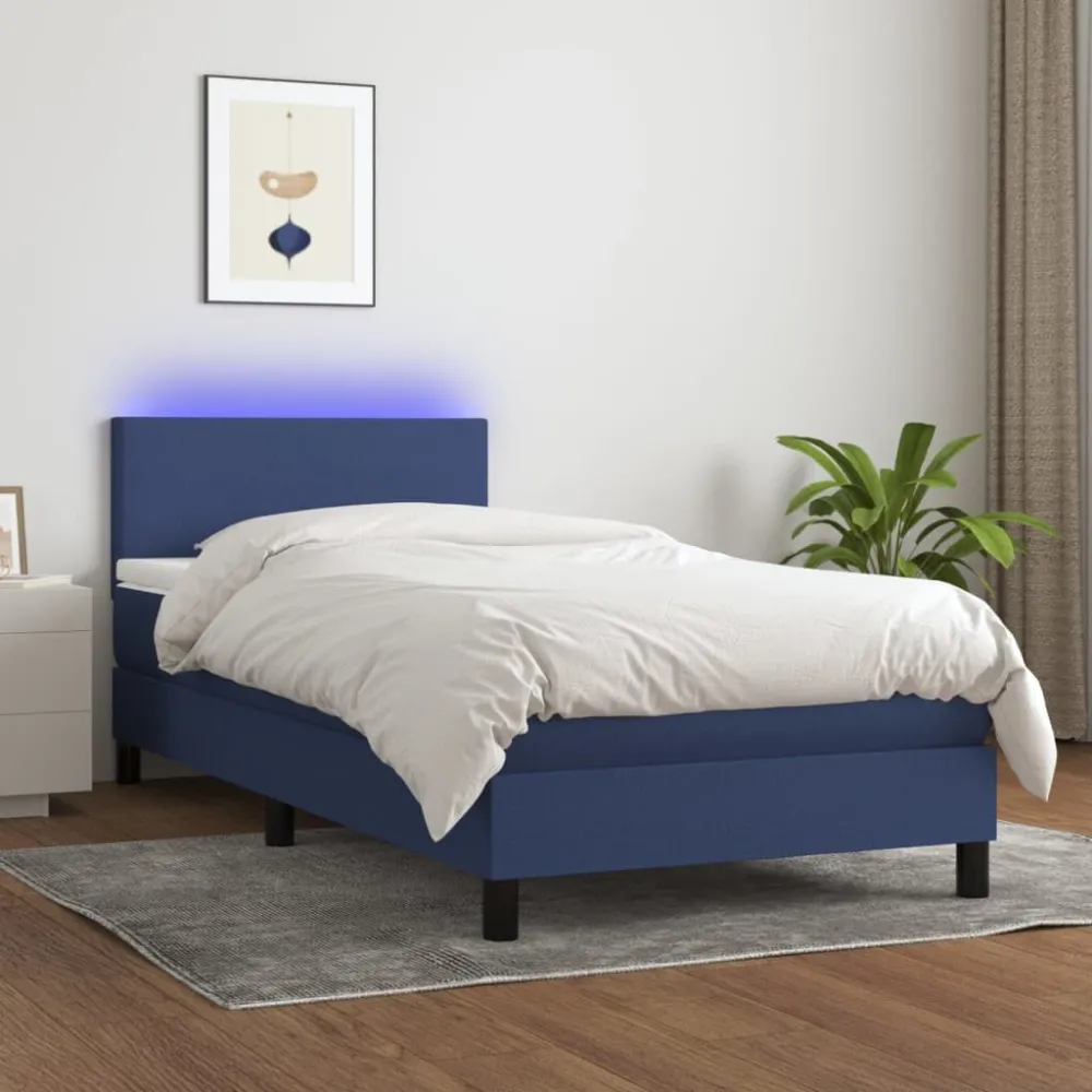 Cama box spring com colchão e LED 90x190 cm tecido azul