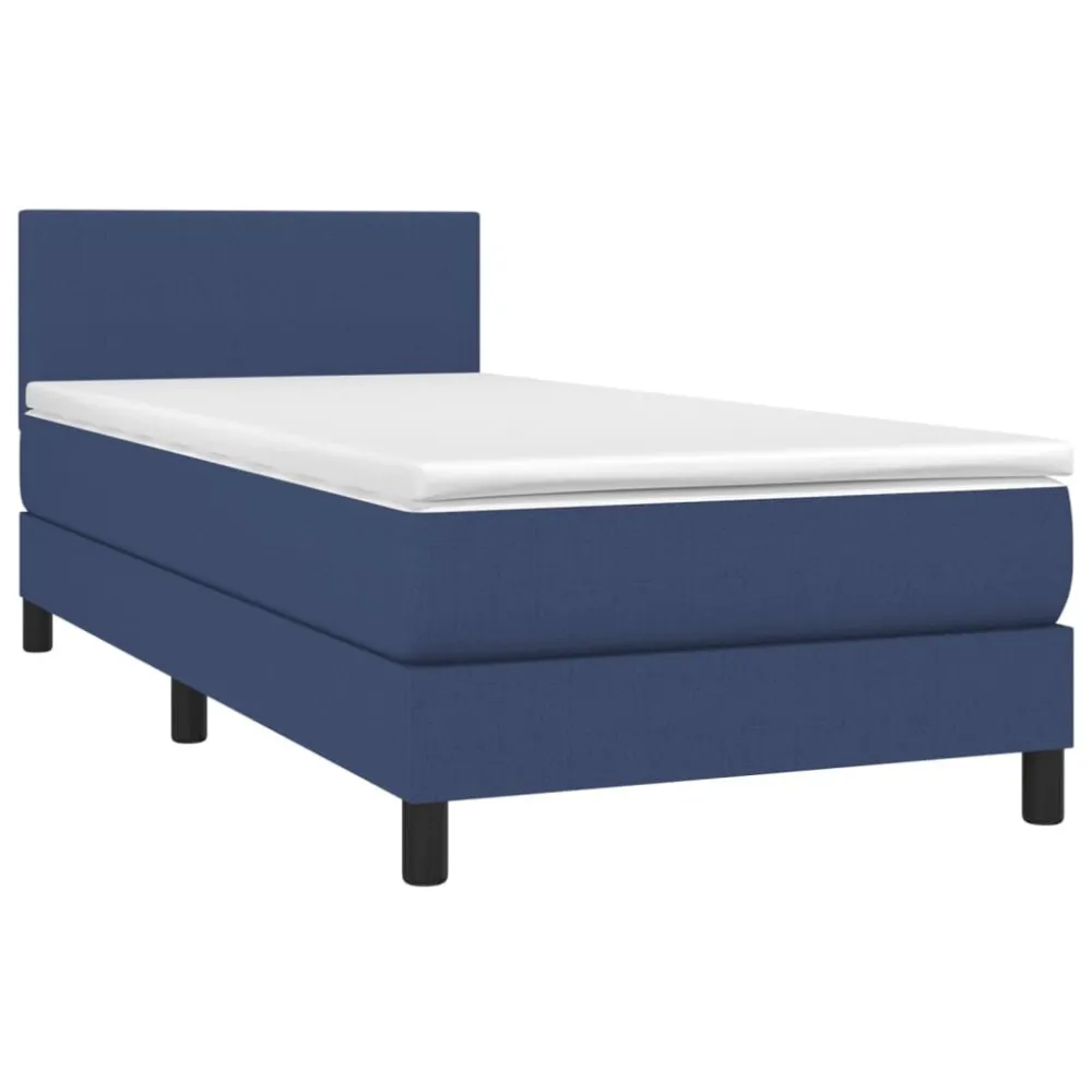 Cama box spring com colchão e LED 90x190 cm tecido azul