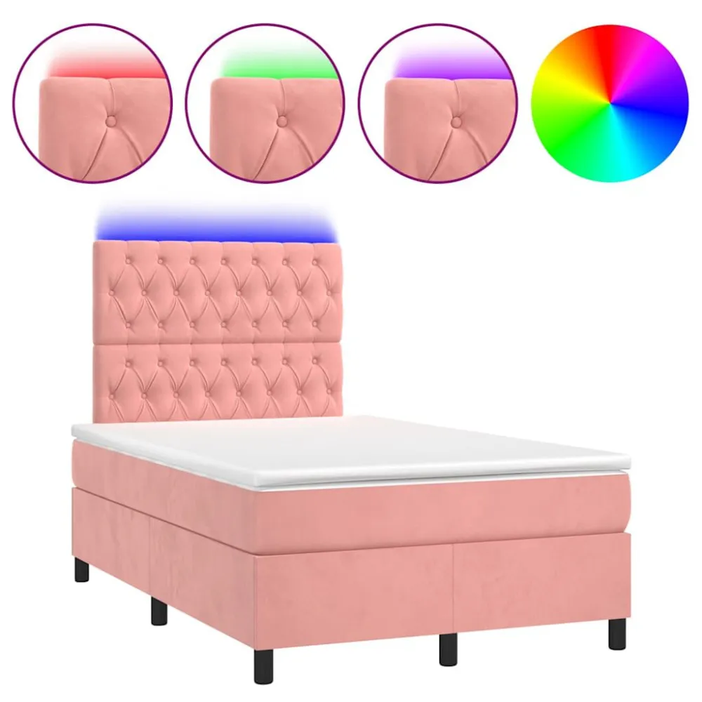 Cama box spring com colchão luzes e LED 120x190 cm veludo rosa