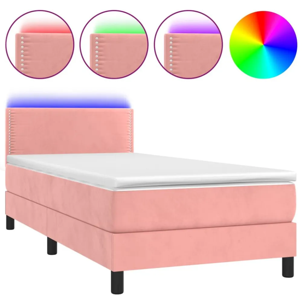 Cama box spring com colchão/LED 100x200 cm veludo rosa
