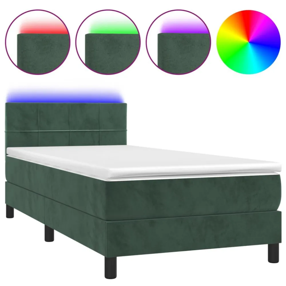 Cama box spring com colchão/LED 100x200 cm veludo verde-escuro