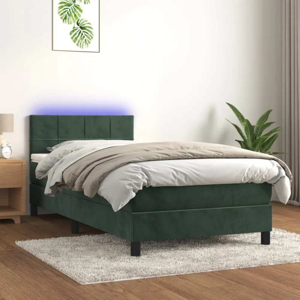 Cama box spring com colchão/LED 100x200 cm veludo verde-escuro