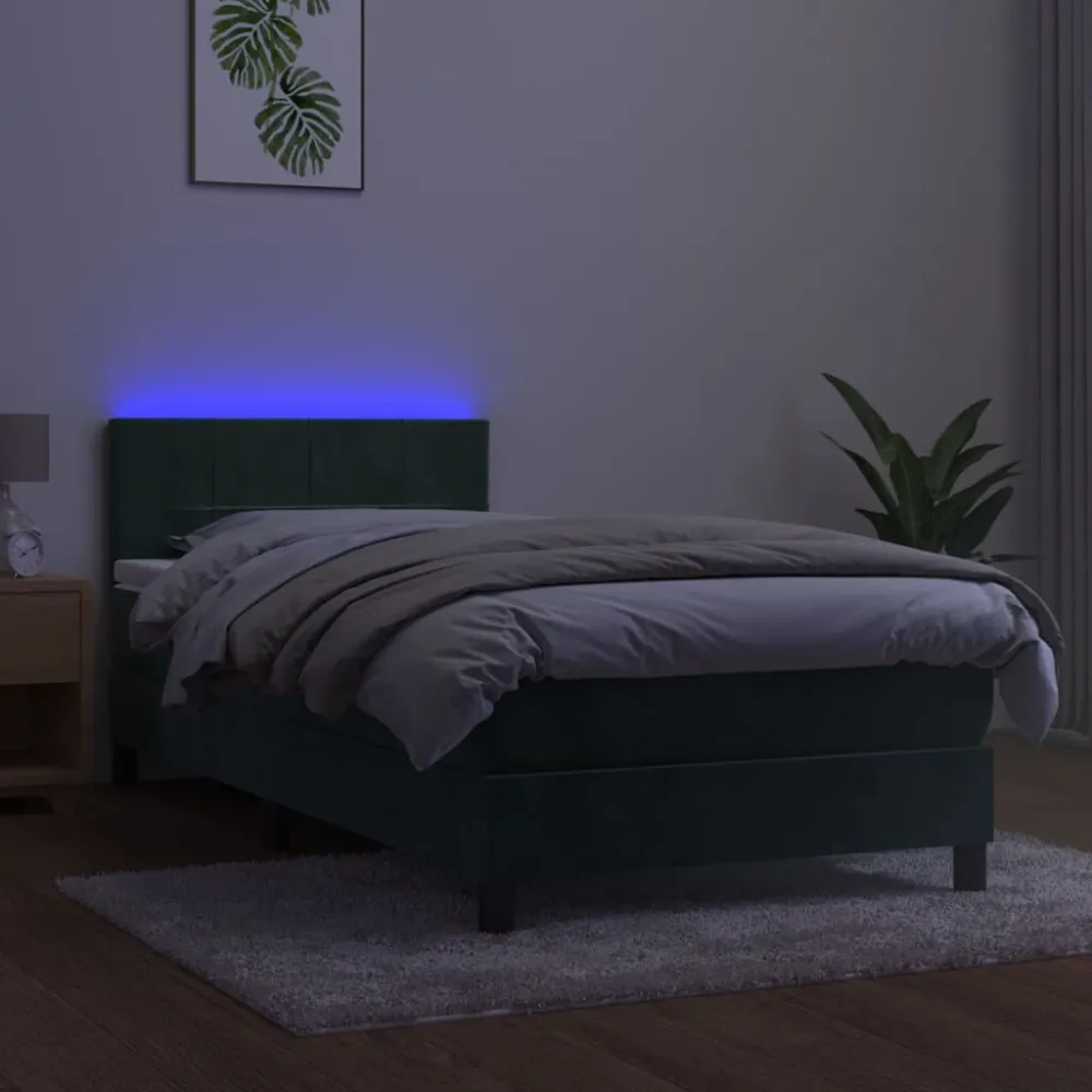 Cama box spring com colchão/LED 100x200 cm veludo verde-escuro