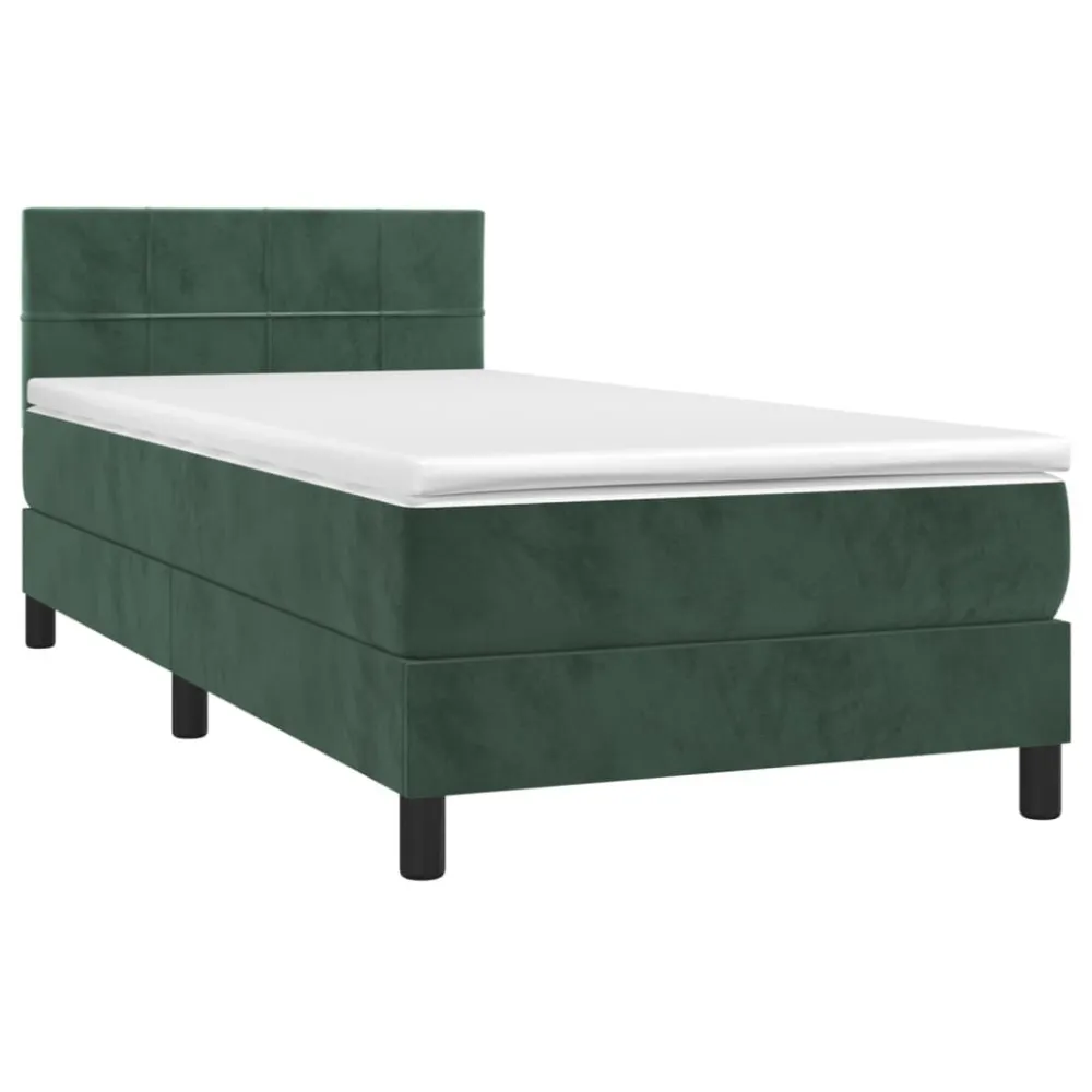 Cama box spring com colchão/LED 100x200 cm veludo verde-escuro