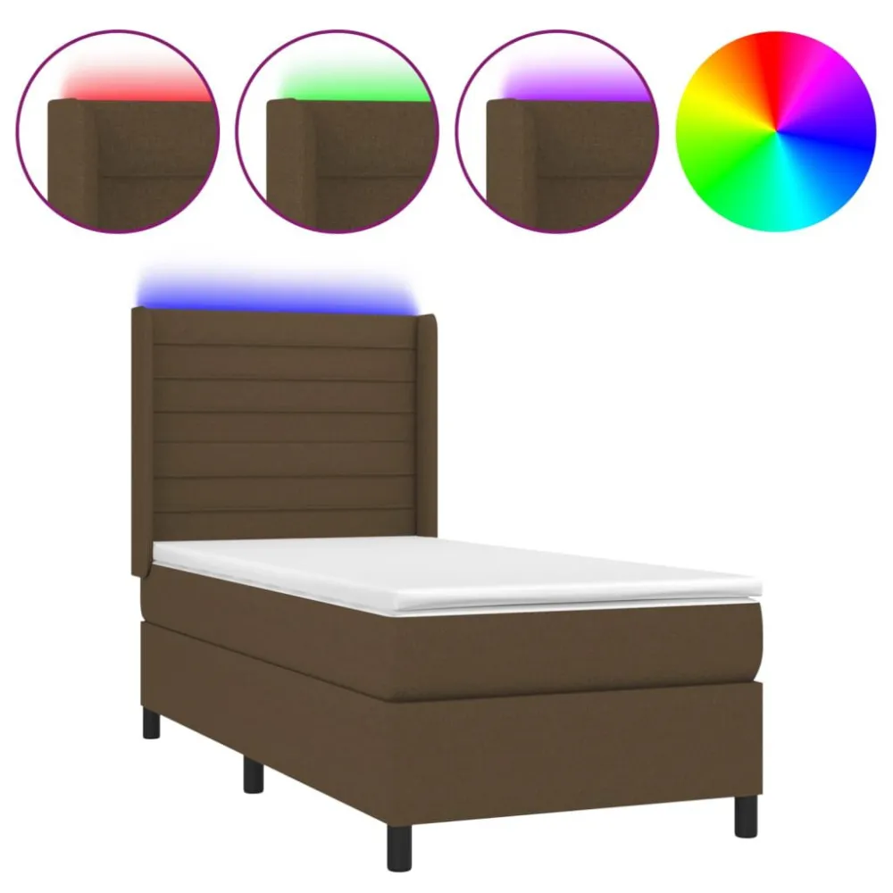 Cama box spring com colchão/LED 100x200cm tecido castanho-escuro